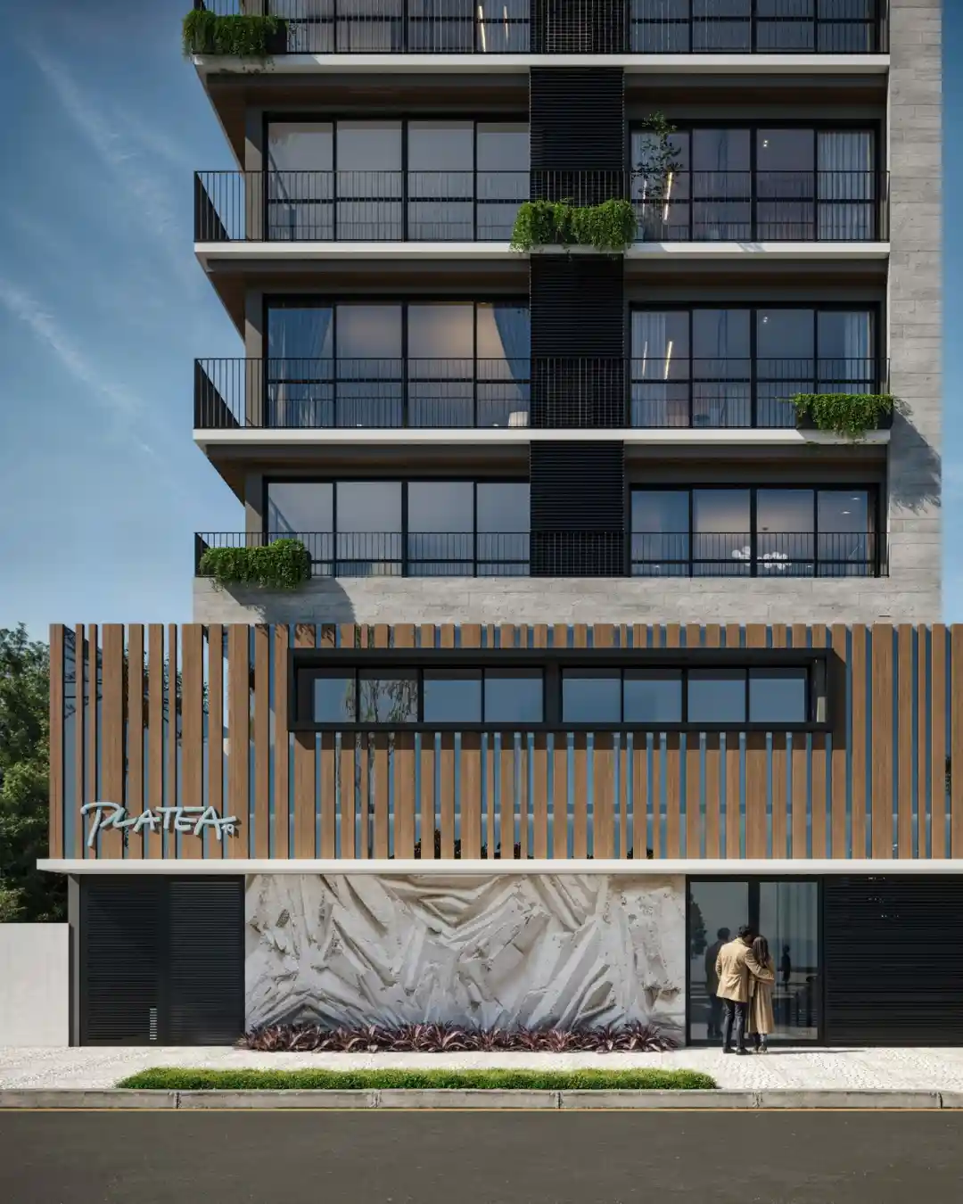 Fachada frontal do Platea com brises de madeira
