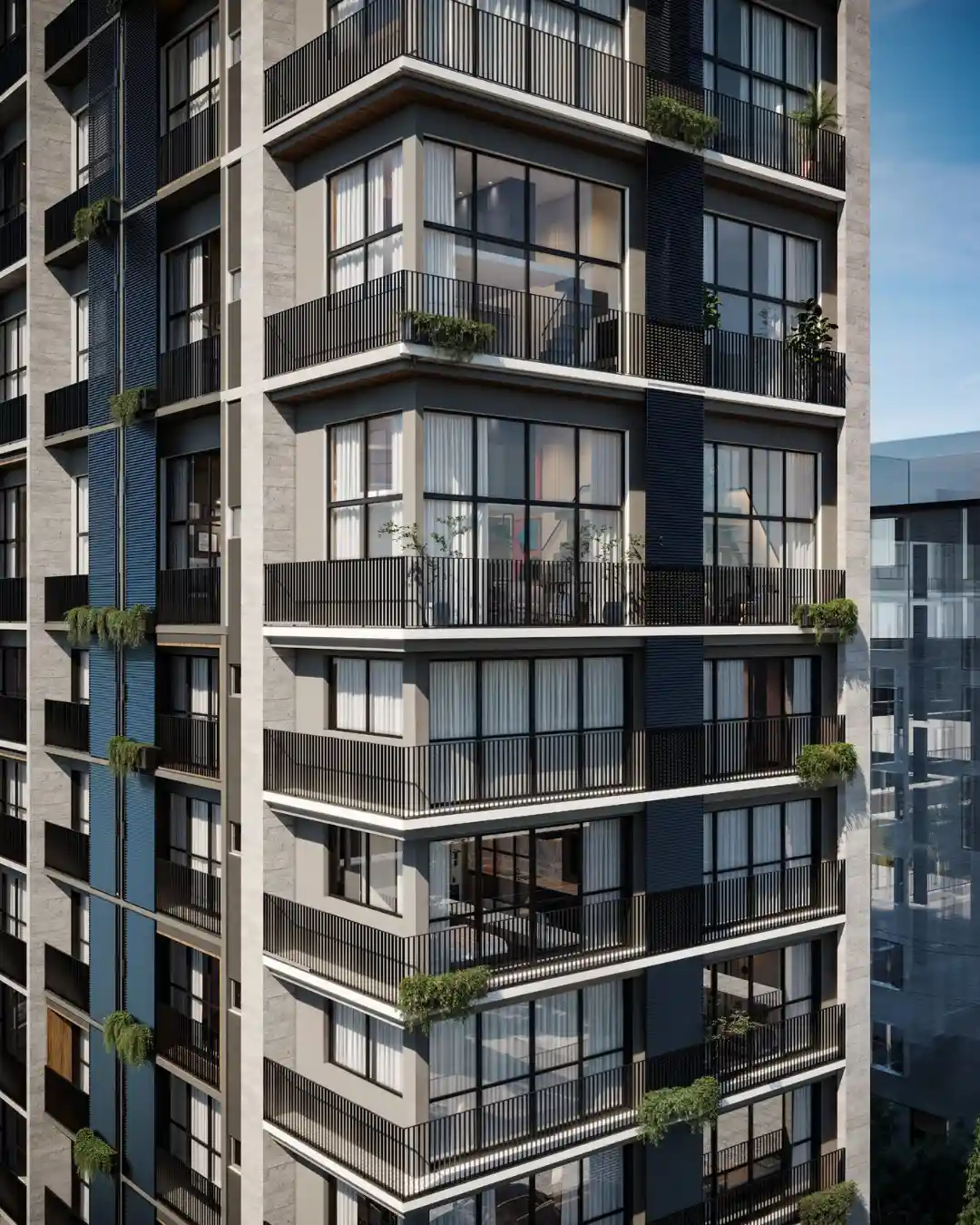 Fachada lateral com sacadas e paisagismo