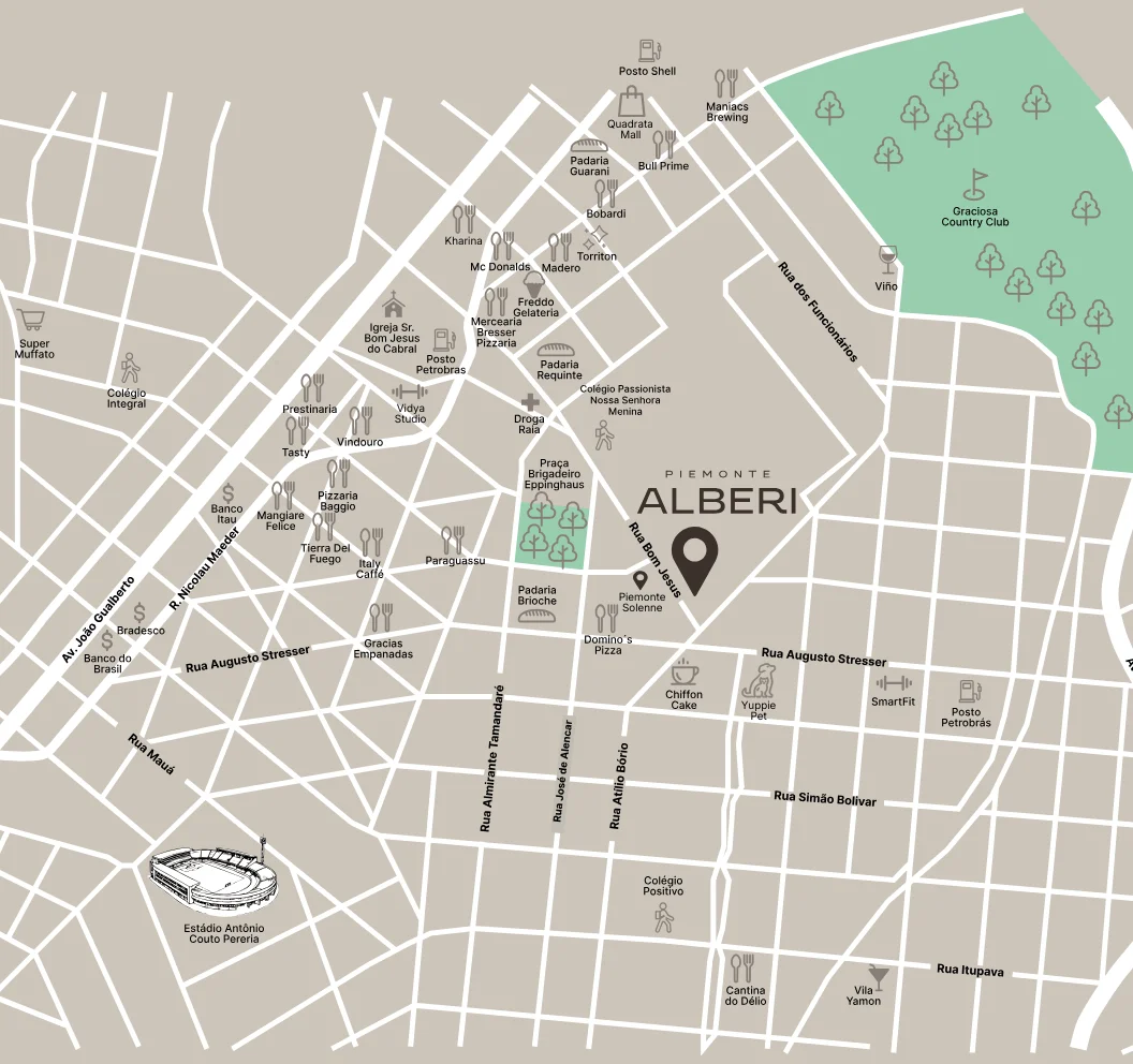 Mapa de localização do Piemonte Alberi no Cabral, Curitiba