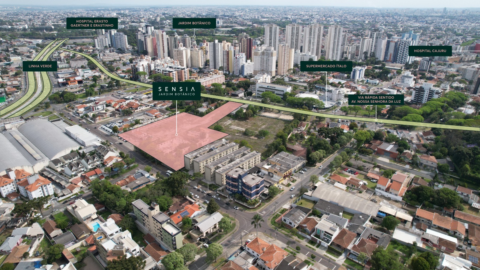 Vista aérea do Cristo Rei com a localização do Sensia Jardim Botânico e principais pontos da região