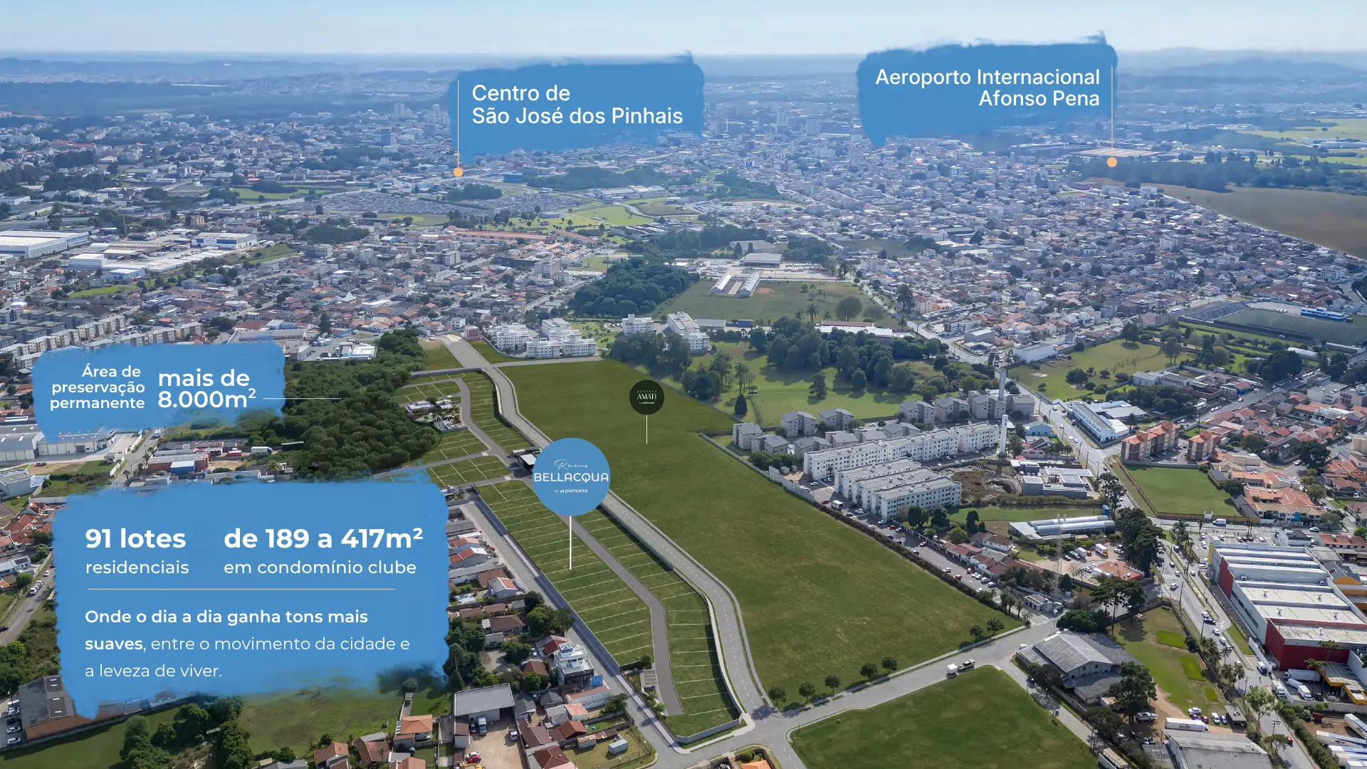 Vista aérea do Reserva Bellacqua em São José dos Pinhais, com o centro da cidade e o Aeroporto Afonso Pena ao fundo
